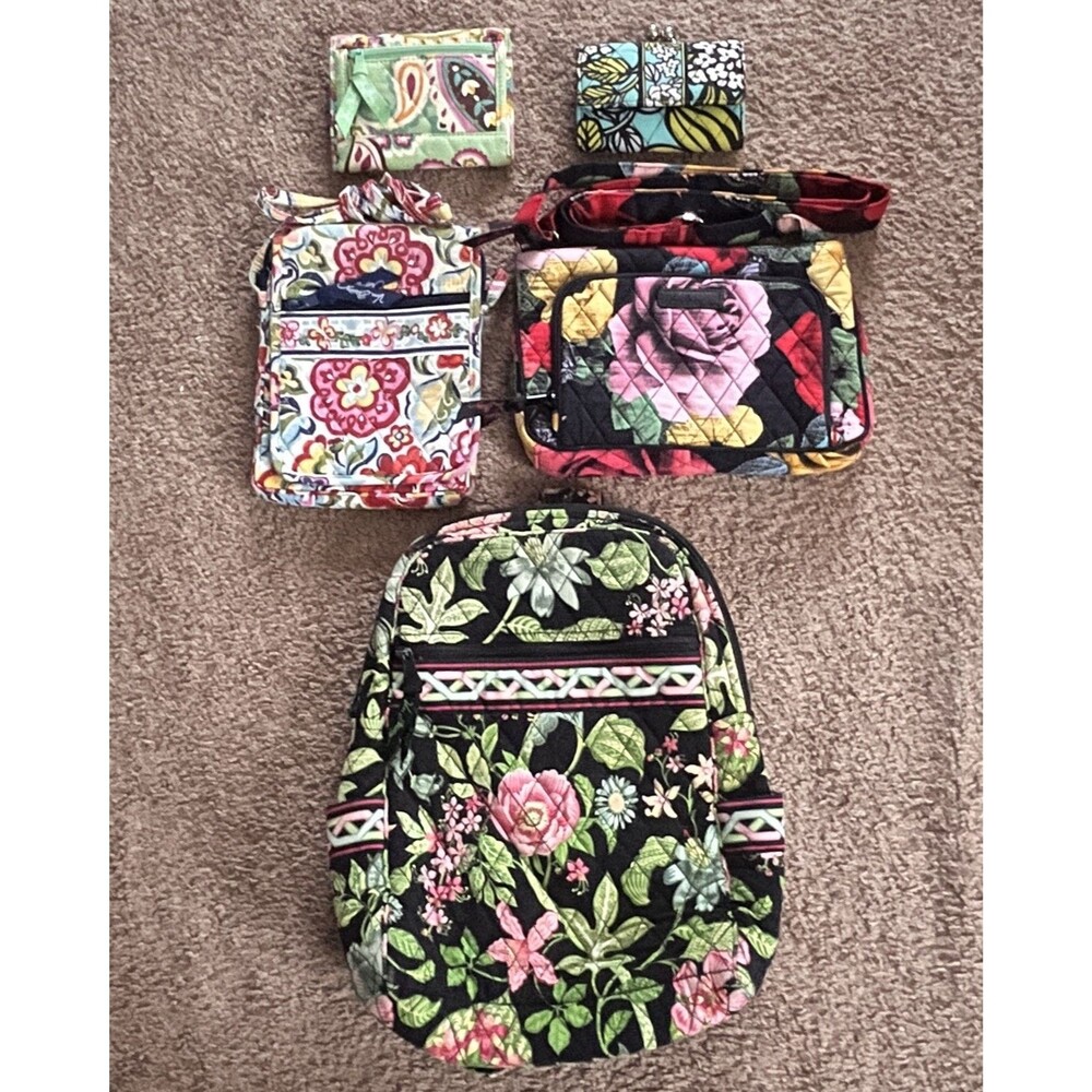 Vera Bradley Quilted Cotton Zip Coin Purse Wallets Crossbody & Backpack LOT OF 6